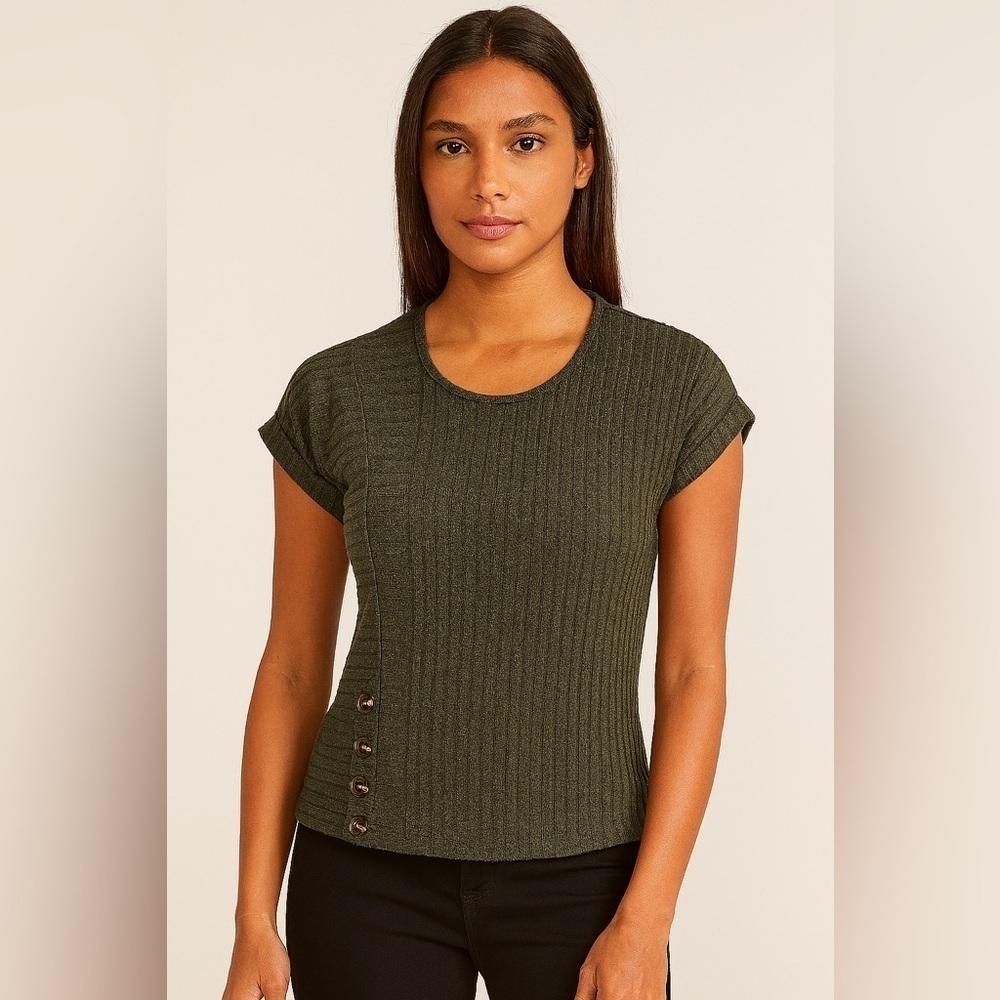 New PARALLEL SKIES Ribbed Button Rolled Sleeve Green Sweater Women SIZE Small